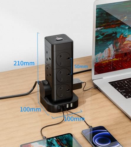 Hulker 5M Tower Extension Lead with USB, Vertical Power Strip 12 Way 4 USB Slots (1 Type C and 3 USB Ports) Multi Plug Extension Socket with Overload Protection 3250W 13A 5 Meters Long Extension Cord