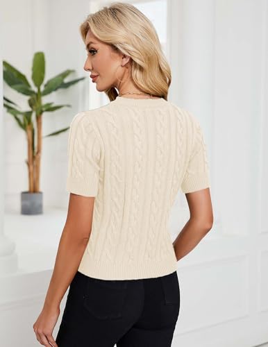 Image of Libsorge Womens Cropped Short Sleeve Sweater Fall 2025 Crewneck Sheer Knit Tops - Lightweight, Thin, Crop, Slim Fit