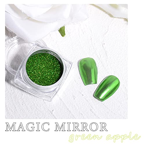 Image of Green Chrome Nail Powder, 2 Jars Nail Art Magic Mirror Powder Chrome Pigment Powder Green Apple Raisins Chrome Nail Powder Manicure Tips with Sponge Applicators