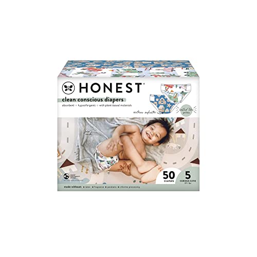 Image of The Honest Company Clean Conscious Diapers | Plant-Based, Sustainable | Holiday '22 Prints | Club Box, Size 5 (27+ lbs), 50 Count