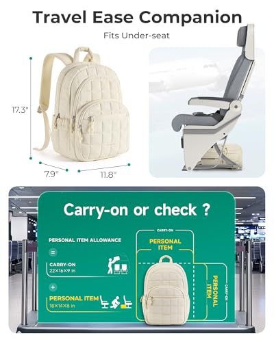 Image of BAGSMART College Laptop Backpack, Travel Backpack for Women, Quilted Casual Daypack, Water-Resistant Bookbag for 15.6 Inch Laptop, Beige