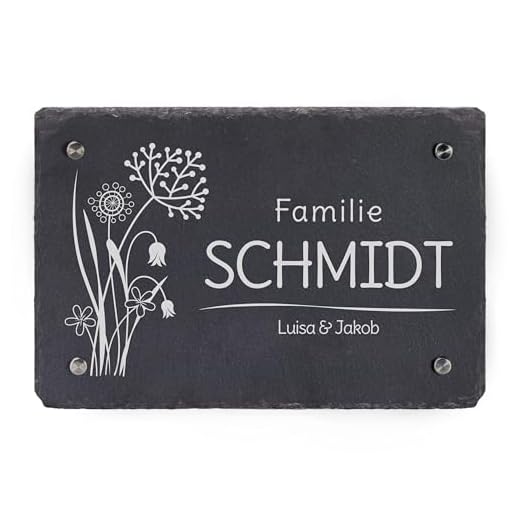 LAUBLUST Türschild Schiefer Personalisiert - Blumen Motiv - Haustürschild mit Name - 3 Größen, 4 Edelstahl Wandhalter