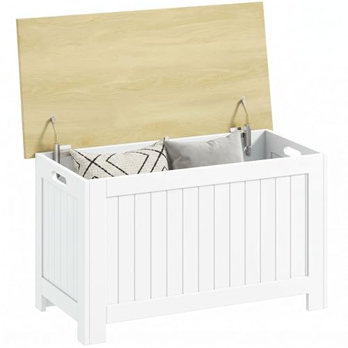 HOMCOM Baúl de Almacenaje para Dormitorio 90 L Banco de Almacenaje con Tapa Baúl de Almacenaje Versátil con Bisagra de Seguridad para Pasillo Salón 80,5x40x46,4 cm Natural y Blanco