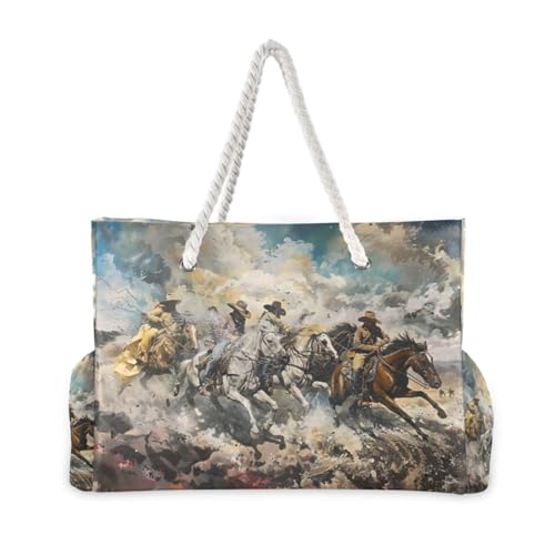 Cowboy Vintage Horse Beach Bag for Women Large Beach Tote Bag with Zipper for Travel Vacation
