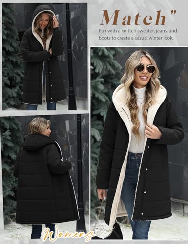 Vancavoo Wintermantel Damen Winterjacke Warm Gefüttert Steppmantel Winterparka Winter Jacket Mäntel Parka Frauen Daunenmantel mit Kapuze,Schwarz,L