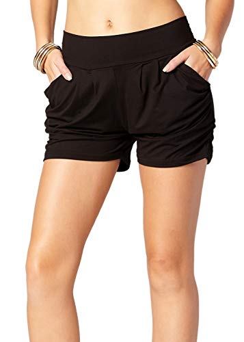 Premium Ultra Soft Harem High Waisted Shorts for Women with Pockets - Soild Black - Large - X-Large - NS01-SBK-LX