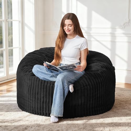 Image of HABUTWAY 3FT Bean Bag Chair, 3' Large Bean Bag Chairs for Adults with Stripe Plush Cover, Memory Foam Beanbag Chair for Living Room Bedroom Dorm,Black