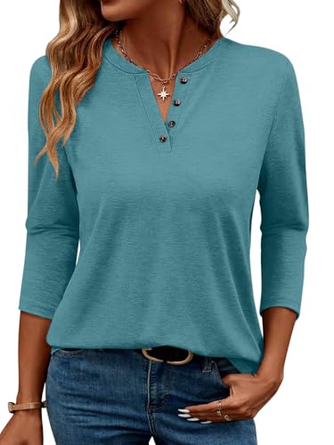 TICTICMIMI Women's V Neck 3/4 Sleeve Tops Casual Summer T Shirts Loose Fit Button Tunic Blouse