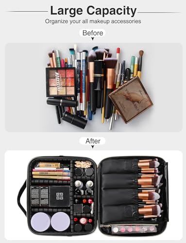 Image of Relavel Travel Makeup Train Case Makeup Cosmetic Case Organizer Portable Artist Storage Bag with Adjustable Dividers for Cosmetics Makeup Brushes Toiletry, Black with Gold Zipper