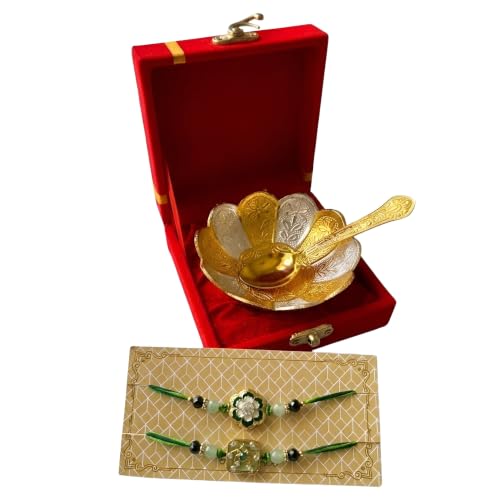Image of Designer Rakhi Gift Set for Brother | German Silver Bowl & Spoon | Premium Raksha Bandhan Gift Hamper | Velvet Gift Box | Festive Return Gift