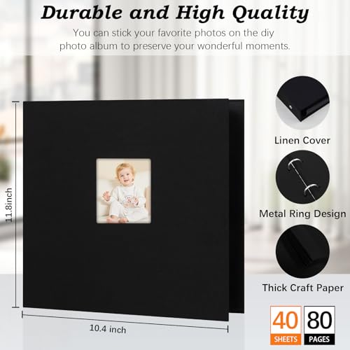 Álbum de fotos autoadhesivo 10x10, álbum DIY para scrapbook con cubierta de lino, 80 páginas en blanco, negro miniatura 5