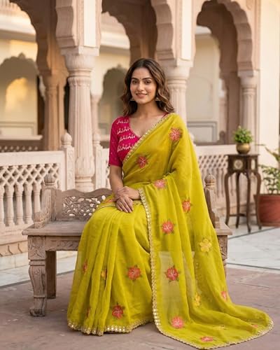 Image of Handcrafted Floral Embroidered Saree with Contrast Blouse