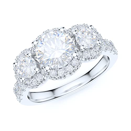 Sterling Silver Three Stones 1CT Simulated Round Brilliant Cut Diamond or Genuine Moissanite Halo Engagement Ring Wedding Promise Ring
