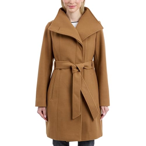 Image of Michael Kors Womens Faux Wool Wrap Coat with Belt, Long Winter Coats for Women, Camel, X-Large