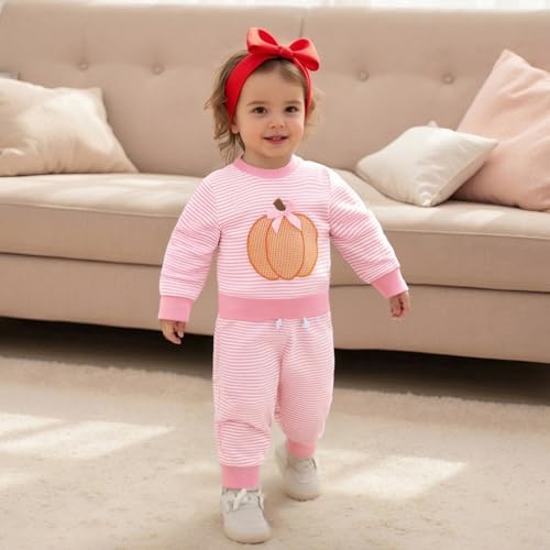 Toddler Baby Halloween Clothes Girl Boy Striped Waffle Knit Outfit Pumpkin Sweatshirt And Pants Set Fall Clothes2