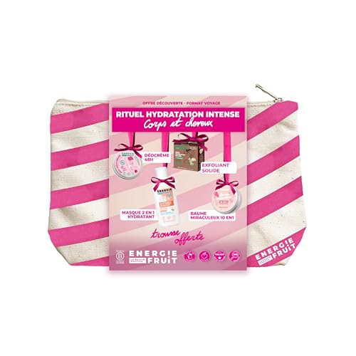 ENERGIE FRUIT | Coffret Rituel Hydratation, 4 Soins Corps et Cheveux Formats Minis, Déodorant crème Framboise, Masque Monoï, Baume Multiusage Fleur de...