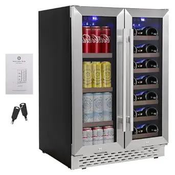 Dual Zone Wine Cooler - Holds 55 Cans & 20 Bottles, Quiet Compressor, Blue LED Lighting, 24 Inch Under Counter Design, Perfect for Home and Bedroom