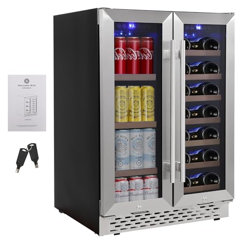 Premium Dual Zone Wine Cooler - Holds 55 Cans & 20 Bottles, Quiet Compressor, Blue LED, 24 Inch Under Counter Design for Home and Bedroom.
