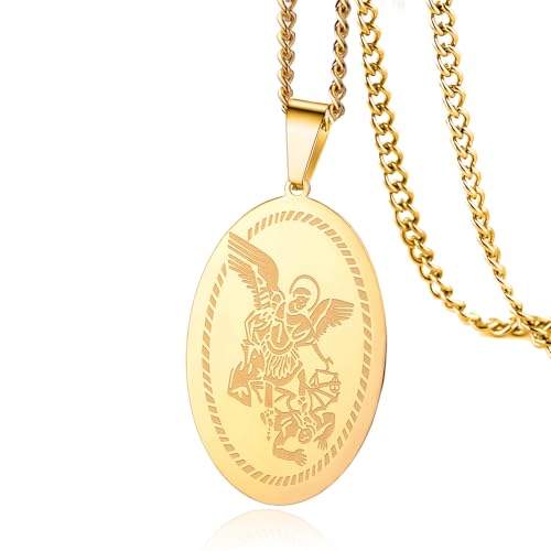 VASSAGO Collar de San Michael para hombres y mujeres collar con colgante de arcángel de acero inoxidable colgante de medalla ovalada joyería religiosa (oro)