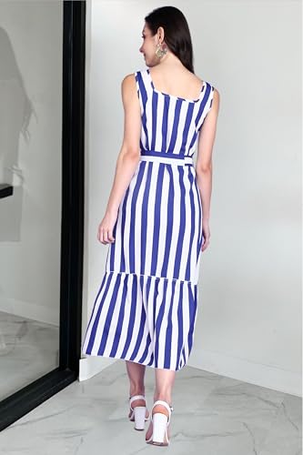 Image of POPWINGS Women Casual Blue & White Stripe Long Belt Dress Dress | Stylish Dress | Trendy Dress