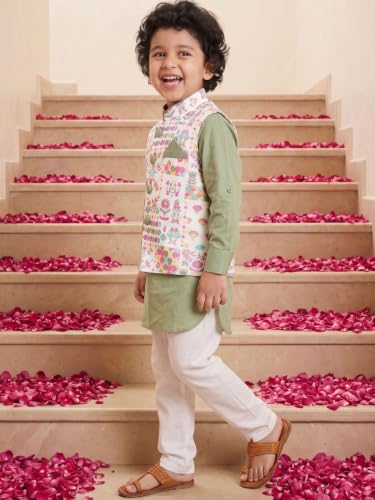 Image of AJ DEZINES Kids Cotton Full Sleeve Printed Kurta Pajama & Waistcoat Set for Boys - Ethnic wear | Special Occasion & Party Outfit | Mandarin Collar Waistcoat for boys - Regular Fit