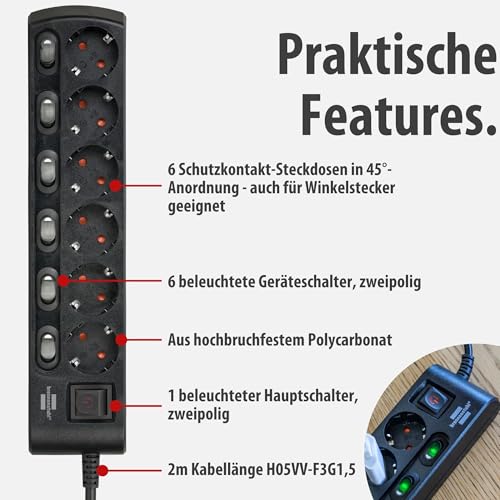 Brennenstuhl Steckdosenleiste einzeln schaltbar 6-fach mit 2-poligen Schaltern (Steckerleiste mit 1x Hauptschalter und 6x Geräteschalter, Mehrfachsteckdose 2m Kabel, erhöhter Berührungsschutz) schwarz