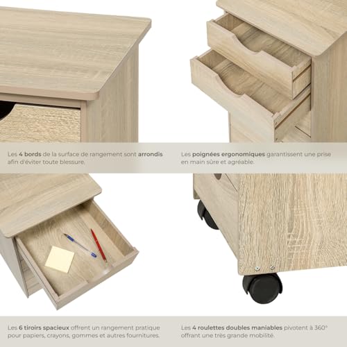 Caisson bureau 6 tiroirs chêne à roulettes TecTake