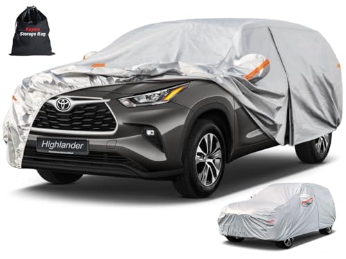 Kayme 6 Layers SUV Car Cover Custom Fit for Toyota Highlander (2007-2025) Waterproof All Weather for Automobiles, Outdoor Full Cover Rain Sun UV Protection.Silver