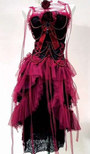 Vestido Gótico Rojo y Negro de Encaje Elegante para Mujer 3