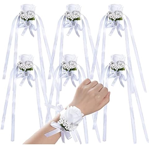 6PCS Flower Wrist Corsage White Rose Wrist Corsage Wedding Bride Wrist Corsage for Women Floral Wrist Corsage for Prom Wedding Party Engagement(White, 6) Cover