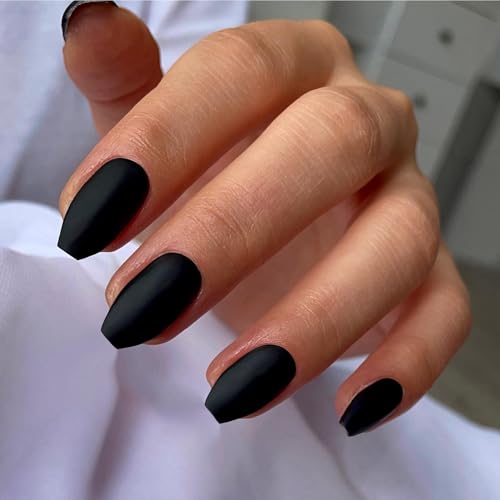 Matte Black Short Coffin Press on Nails Medium Coffin Nails Press ons, Glue on Nails Short Fake Nails for Women, Ballerina T Shape Acrylic Nails Natural Handmade Medium Square Gel Nails