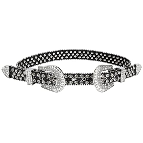 Jasgood Women Men Western Rhinestone Belts Ladies Cowgirl Cowboy Bling Double Buckle Design Waist Belt For Pants Jeans Dresses, 01 Style-Black, Suit For Size 26"-30" #TOP18