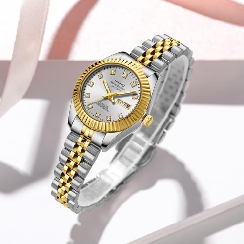 Elegant NIBOSI Women's Analog Quartz Watch - Two-Tone Stainless Steel Bracelet with Day-Date Function, Luminous Dial, and Waterproof Design for Small Wrists - Image 8