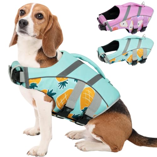 Kuoser Dog Life Jacket with Reflective Stripes, Adjustable High Visibility Dog Life Vest for Swimming Boating L (Chest Girth:22.8-29.5'') Pineapple