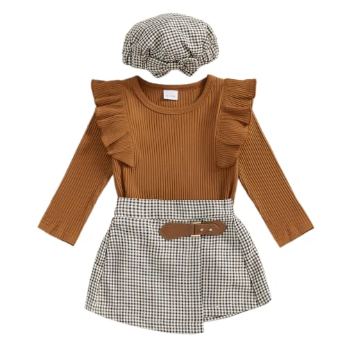 Fall Baby Girl Clothes Set Ruffles Tops + Plaid Skirt + Hat Toddler Winter Outfit 12 18 24 Months 2t 3t 4t (Brown #1, 18-24 Months)