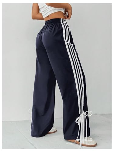 WDIRARA Women's Petite Side Striped Bowknot Track Pants Elastic Waist Wide Leg Baggy Sweatpants Streetwear3