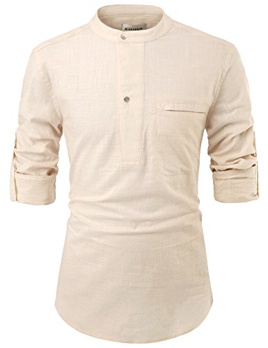 NEARKIN (NKNKN381 Mens China Collar Henley Neck Roll-Up Sleeve Basic Linen Shirts Beige US XXL(Tag Size 2XL)