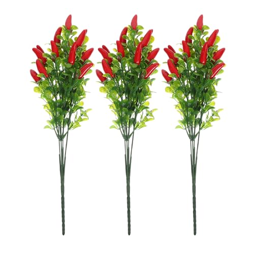 Veemoon 3 Tiges de Piments Rouges Artificiels en Plastique, Branches de Feuillage Artificiel pour Compositions DIY, Décoration D’Intérieur et Bouquets de Fleurs Artificielles