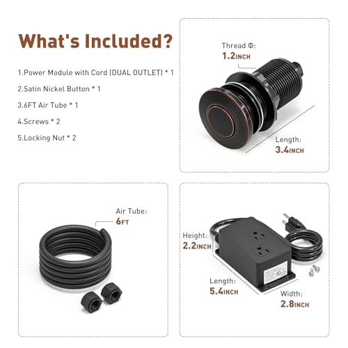 Image of Garbage Disposal Air Switch Kit Dual Outlet, Sink Top Button UL Listed | Waterproof Stainless Steel Countertop Button, Compatible for all Waste Disposer Models - Rubbed Bronze
