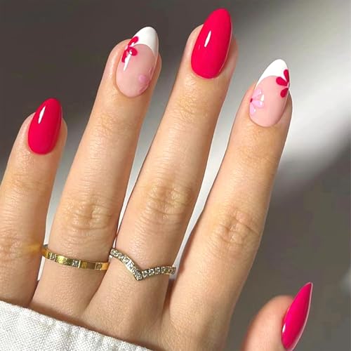 MAOTTIE Short Press On Almond Fake Nails - Flower Acrylic Fall Nails Press Ons Full Cover Glue On Cute False Floral Stick On Nails for Women - 30 Pcs