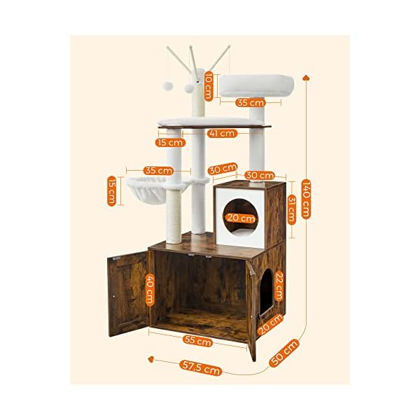 Feandrea Kratzbaum mit Katzenklo-Schrank, 2-in-1 Katzenbaum, Schrank für Katzentoilette, mit Sisalstämmen, abnehmbaren Plüschbällen, vintagebraun PCT113X01 – Bild 6