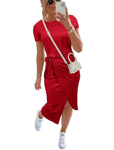 NOLLSOM Casual Women Summer Dresses Short Sleeve Midi Dresses Bodycon Night Out Dress T Shirt Dress(Tie Red,Large)