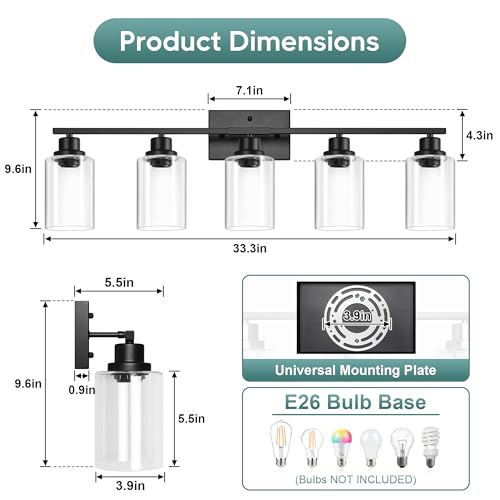 Image of Ascher Bathroom Light Fixtures, 5-Light Vanity Light Over Mirror, Matte Black Wall Sconces with Clear Glass Shades, Wall Lamp for Living Room Bedroom, E26 Base(Bulbs Not Included)