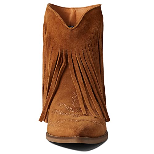 MOOMMO Women Tassel Western Booties Chunky Block Heel Suede Cowboy Ankle Boots Fringe Pointed Closed Toe V-Cut Stacked Heel Slip On Short Boots Cowgirl Embroidered Retro Vintage 4-11 M US3
