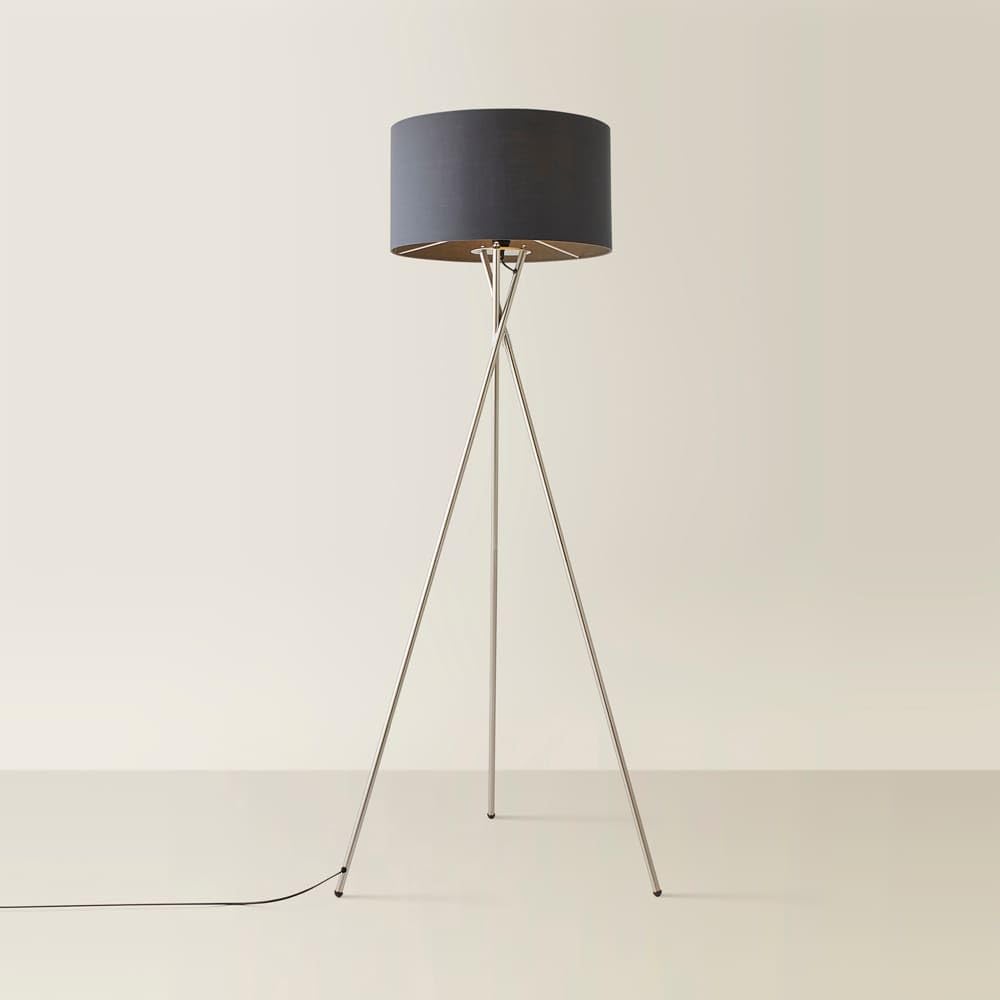 Valuelights Unisex Charcoal Camden Brushed Chrome Tripod Floor Lamp With Drum Lamp Shade And Bulb In