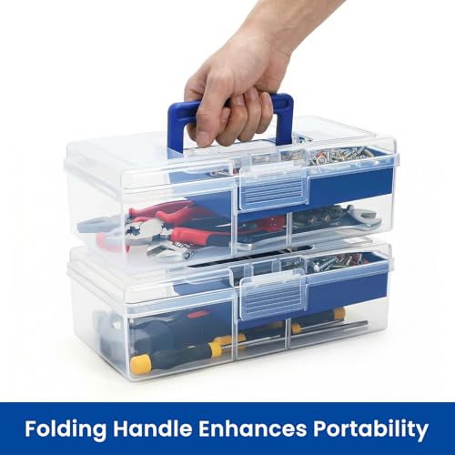 Image of Elsjoy 2 Pack Plastic Tool Box with Handle, 2-Layer Clear Tool Storage Organizer with Removable Divider, Portable Craft Storage Sewing Box