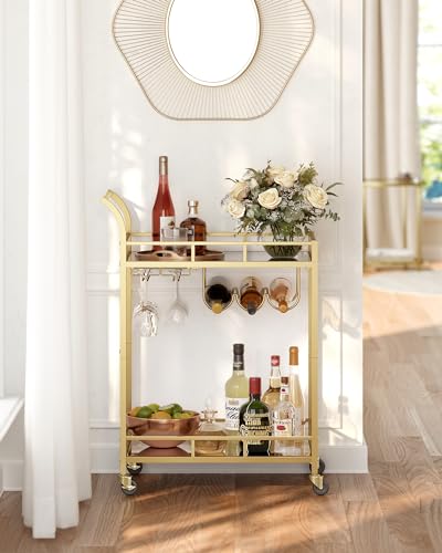 Image of VASAGLE Bar Cart Gold, Home Bar Serving Cart, Wine Cart with 2 Mirrored Shelves, Wine Holders, Glass Holders, for Kitchen, Dining Room, Gold ULRC092A62
