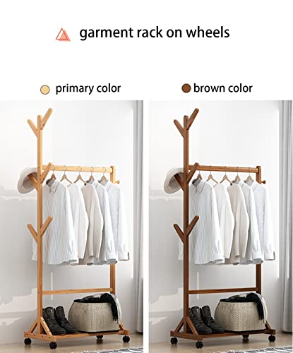 3-In-1 Clothes Hanging Rack Garment Rack Bamboo Clothing Rack On Wheels Rolling Coat Rack Hanging Rack Clothing Organizer With Storage Shelf And 6 Hooks For Hanging Clothes Hats And Scarves #TOP1