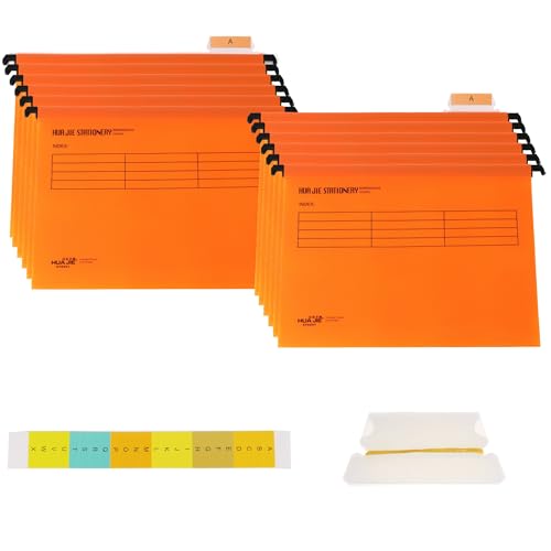 12 Pcs Hanging File Folders with Tabs and Card Inserts,A4 Suspension Files for Filing Cabinets, Waterproof Suspension Files Holder with Adjustable Tab Design for Home Office School (Orange)