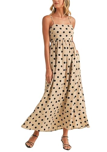 Image of Yuemengxuan Boho Maxi Dresses for Women Spaghetti Strap Flowy Smocked Long Dress Casual Summer Vacation Beach Maxi Dress